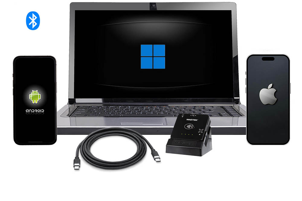 DynaFlex II Go - 
The small form factor is ready for countertop and mobile devices with USB or Bluetooth® LE connection. Ready to develop applications on Windows and Android via USB HID, or iOS applications via the USB iAP2 protocol. Develop applications on Windows, iOS, and Android operating systems. Couple with the L3 certified Magensa Gateway for faster development and easier implementation.